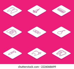 Set Linie Gebackener Zahn, Zahnarztspritze, Zähne mit Klammern, Erste Hilfe Kit, Süßigkeiten, Emotionsbirne, Zahnbohrer und Weißer-Konzept Symbol. Vektorgrafik