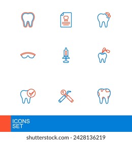 Set line Broken tooth, Dental mirror and probe, Tooth, with caries drill, Safety goggle glasses, Syringe,  and Clipboard dental card icon. Vector