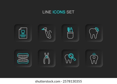 Set line Broken tooth, Dental pliers, Dentures model, Toothbrush and toothpaste, drill and Clipboard with dental card icon. Vector