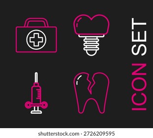 Diente roto, jeringa médica dental, implante e icono del kit de primeros auxilios. Vector