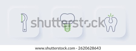 Set line Broken tooth, Dental implant and floss icon. Vector