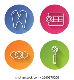 Set line Broken tooth, Dentures model, Candy and Dental inspection mirror. Color circle button. Vector