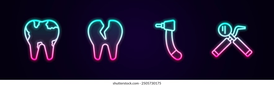 Set line Broken tooth, Tooth drill and Dental mirror and probe. Glowing neon icon. Vector