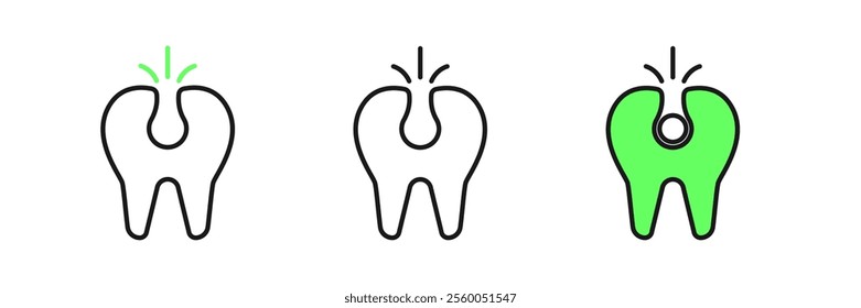 Set line Broken tooth icon isolated on white background. Dental problem icon. Dental care symbol.  Vector