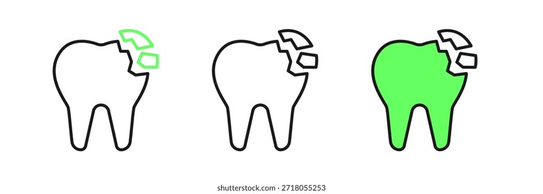Definir linha Ícone de dente quebrado isolado no fundo branco. Ícone de problema dentário. Símbolo de cuidados dentários.  Vetor