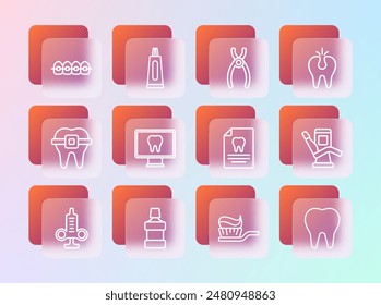 Set line Broken tooth, Mouthwash, Clipboard with dental card, Toothbrush toothpaste, Online care, Dental pliers, Teeth braces and Tube of icon. Vector