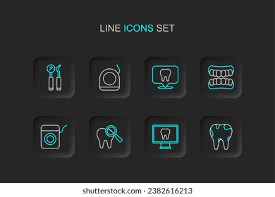 Set Line Broken Zahn, Online-Zahnpflege, Zahnseide, Dentures-Modell, Klinik-Position, Spiegel-und Sonde-Symbol. Vektorgrafik