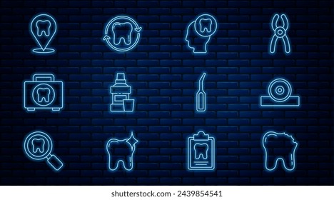 Diente roto, reflector de cabeza otorrinolaringológico, humano con, botella de enjuague bucal, botiquín de primeros auxilios, ubicación de la clínica dental, escalador explorador e icono de blanqueamiento dental. Vector