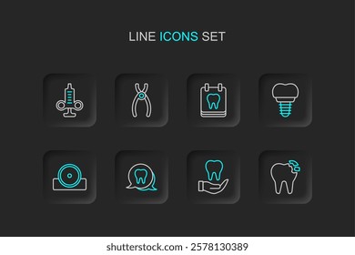 Set line Broken tooth, Tooth, Otolaryngological head reflector, Dental implant, Calendar with, pliers and Syringe icon. Vector