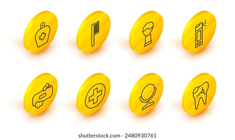 Set line Broken tooth, Round makeup mirror, Cross hospital medical, Bar of soap, Bottle with nozzle spray, Shaving brush, Hairbrush and liquid antibacterial icon. Vector