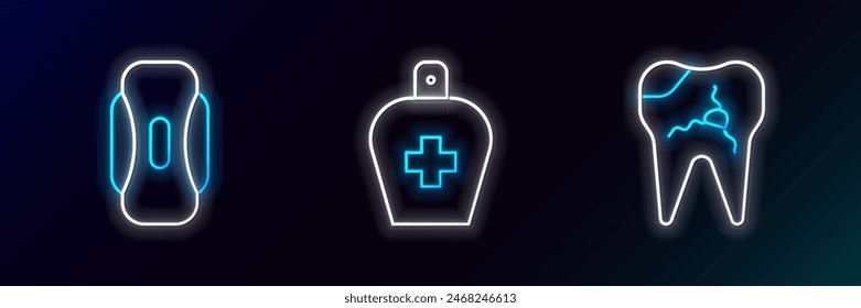 Set Linie Gebrochener Zahn, Damenbinde und Flasche mit flüssiger antibakterieller Seife Symbol. Glühendes Neon. Vektorgrafik