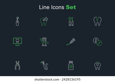 Línea de ajuste Diente roto, Dolor de dientes tableta analgésica, taladro, alicates dentales, tubo de pasta de dientes, silla dental médica e icono de cuidado en línea. Vector