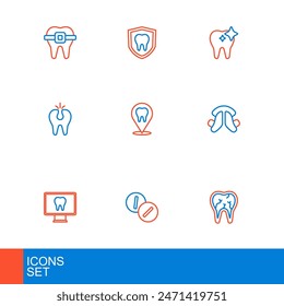 Set line Broken tooth, Toothache painkiller tablet, Online dental care, Dental plate, clinic location, whitening and protection icon. Vector