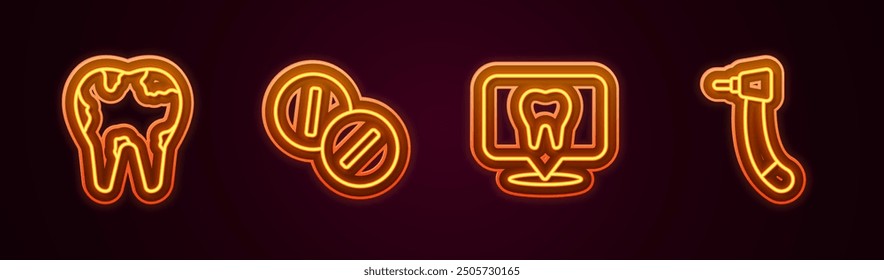 Set line Broken tooth, Toothache painkiller tablet, Dental clinic location and drill. Glowing neon icon. Vector