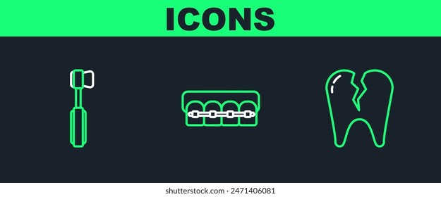 Set line Broken tooth, Toothbrush and Teeth with braces icon. Vector