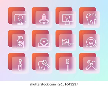 Linha Set Dente quebrado, Escova de dentes com pasta de dente, refletor de cabeça otorrinolaringológica, cuidados dentários online, localização clínica dentária e ícone de seringa. Vetor