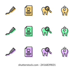 Set line Broken tooth, Tube of toothpaste, Clipboard with dental card and  icon. Vector