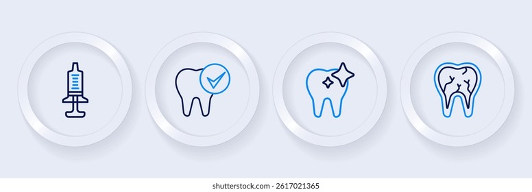 Set line Broken tooth, Tooth whitening,  and Syringe icon. Vector