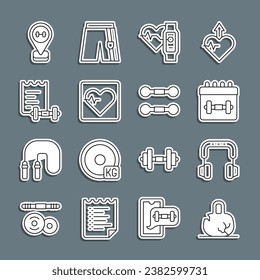 Set line Broken weight, Headphones, Calendar fitness, Smart watch with heart, Heart rate, Sport training program, Location gym and Dumbbell icon. Vector