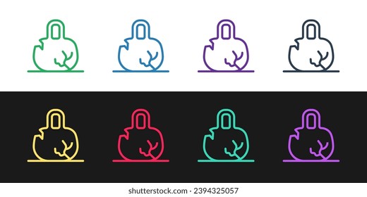 Set line Broken weight icon isolated on black and white background. Kilogram weight block for weight lifting and scale. Mass symbol.  Vector