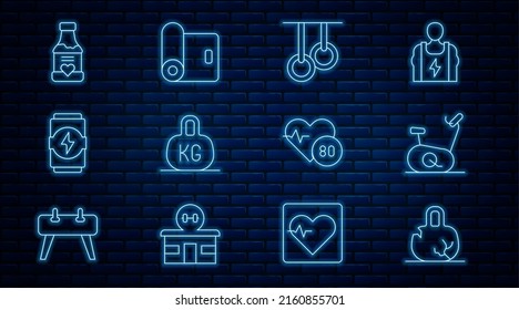 Set line Broken weight, Stationary bicycle, Gymnastic rings, Weight, Energy drink, Vitamins, Heart rate and Fitness mat roll icon. Vector