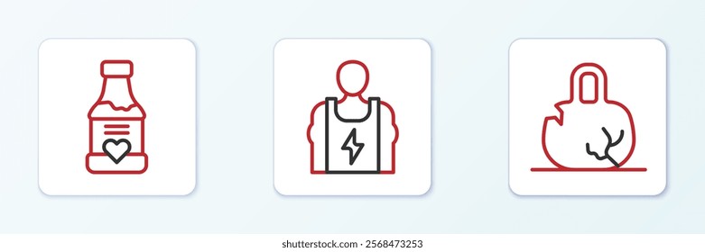 Set line Broken weight, Vitamins and Bodybuilder icon. Vector