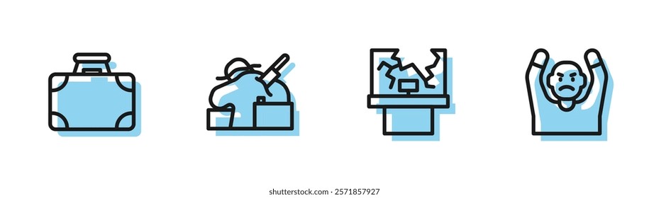 Set line Broken window, Briefcase and money, Murder and Thief surrendering hands up icon. Vector