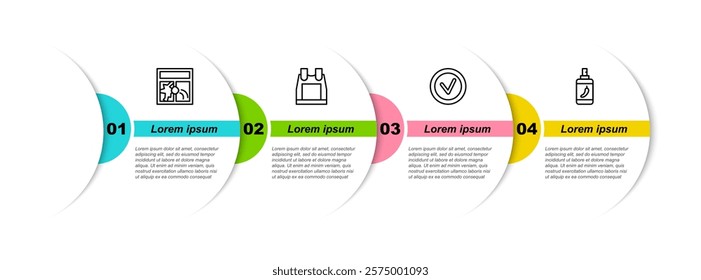 Set line Broken window, Bulletproof vest, Check mark round and Pepper spray. Business infographic template. Vector