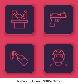 Set line Broken window, Cocktail molotov, Pistol or gun and Thief mask. Blue square button. Vector