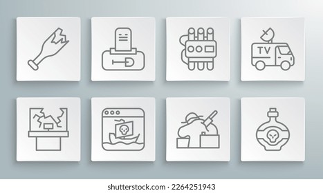 Set line Broken window, Grave with tombstone, Internet piracy, Murder, Poison bottle, Dynamite and timer clock, TV News car and as weapon icon. Vector