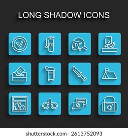 Set line Broken window, Handcuffs, Check mark round, Speech bubble chat, First aid kit, grenade, Protest camp and Military knife icon. Vector