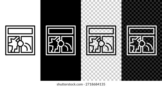 Linie setzen Symbol für kaputtes Fenster einzeln auf schwarz-weißem Hintergrund. Beschädigtes Fenster. Beaten Fensterscheibenkonzept. Vandalismus.  Vektorgrafik