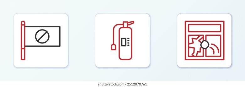 Definir linha Janela quebrada, ícone de protesto e extintor de incêndio. Vetor
