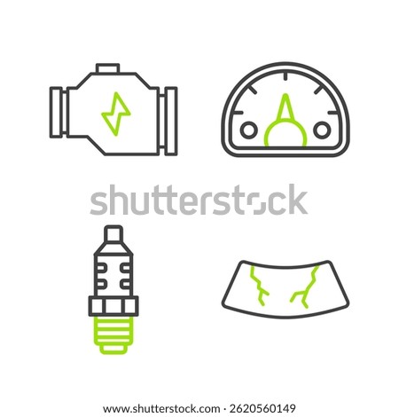 Set line Broken windshield, Car spark plug, Speedometer and Check engine icon. Vector