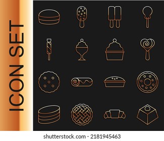 Set line Brownie chocolate cake, Donut, Lollipop, Ice cream, in bowl, Candy, Macaron cookie and Cake icon. Vector