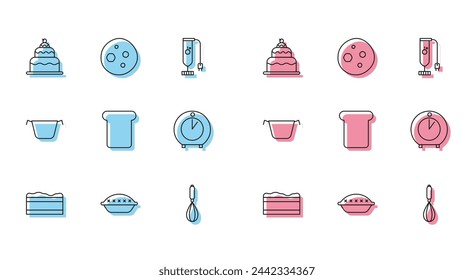 Set line Brownie chocolate cake, Homemade pie, Cake, Kitchen whisk, Bread toast, timer, Cooking pot and Cookie or biscuit with icon. Vector