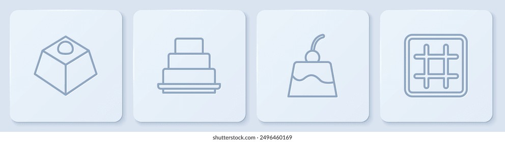 Set line Brownie chocolate cake, Pudding custard, Cake and Waffle. White square button. Vector