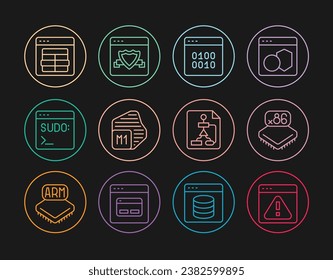 Establecer el navegador de línea con signo de exclamación, CPU de microcircuitos de procesador, código binario, terminal de código, MySQL, diagrama de flujo e icono de escudo. Vector
