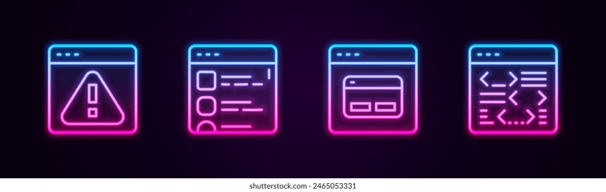 Set line Browser with exclamation mark, files, Search engine and Software. Glowing neon icon. Vector