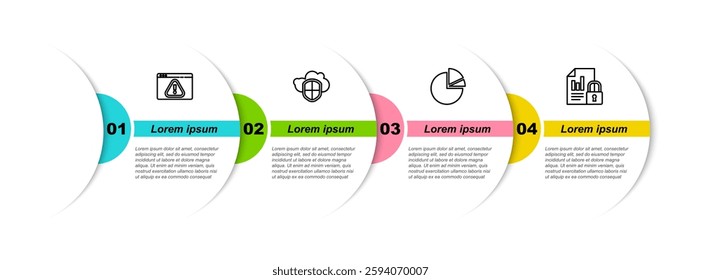 Set line Browser with exclamation mark, Cloud and shield, Pie chart infographic and Document lock. Business infographic template. Vector