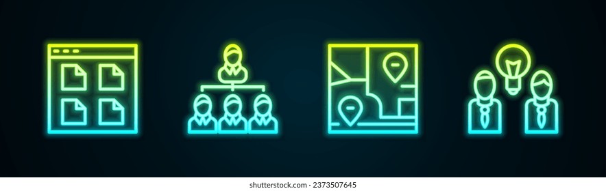 Set line Browser files, Hierarchy organogram chart, Folded map with location and People lamp bulb. Glowing neon icon. Vector