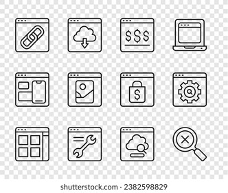 Set line Browser files, Magnifying glass and delete, Online shopping on screen, setting, window, Photo retouching, Cloud technology data transfer and  icon. Vector