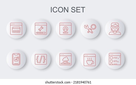 Establecer archivos de navegador de línea, aplicaciones móviles, pantalla de cuenta de creación, software, motor de búsqueda, ventana de datos de carga, sintaxis de lenguaje de programación e icono de transferencia de tecnología de nube. Vector