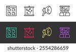 Set line Browser files, Planning strategy concept, Megaphone and Training, presentation on black and white. Vector