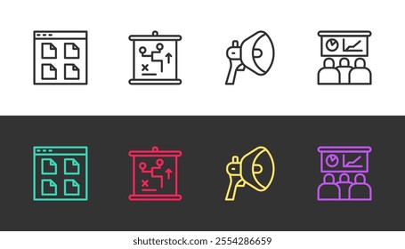 Set line Browser files, Planning strategy concept, Megaphone and Training, presentation on black and white. Vector