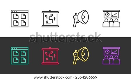 Set line Browser files, Planning strategy concept, Megaphone and Training, presentation on black and white. Vector