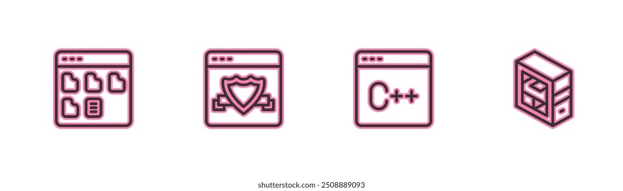 Set line Browser files, Software, with shield and Computer icon. Vector