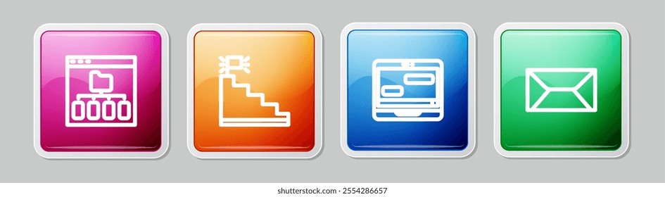 Set line Browser files, Stair with finish flag, Chat messages on laptop and Envelope. Colorful square button. Vector