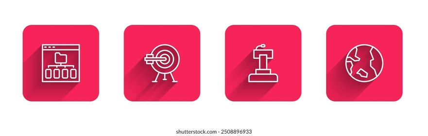 Set line Browser files, Target with arrow, Stage stand or tribune and Earth globe with long shadow. Red square button. Vector