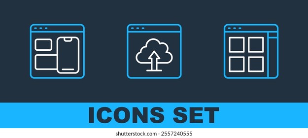 Set line Browser files, Web developer programming code and Cloud upload icon. Vector